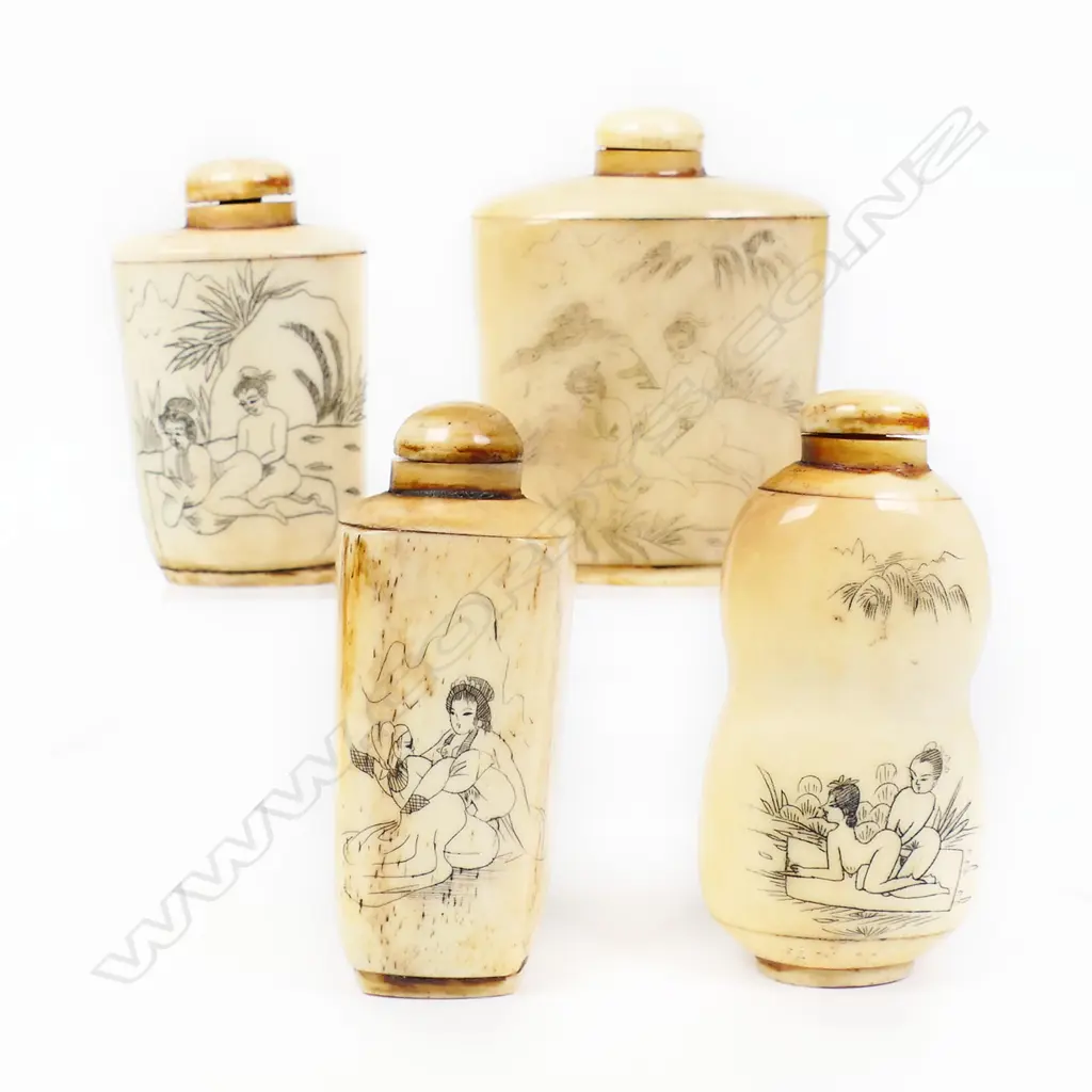 Four Japanese bone snuff bottles of various shapes, engraved with erotica. Tallest H.80mm. Image 1++