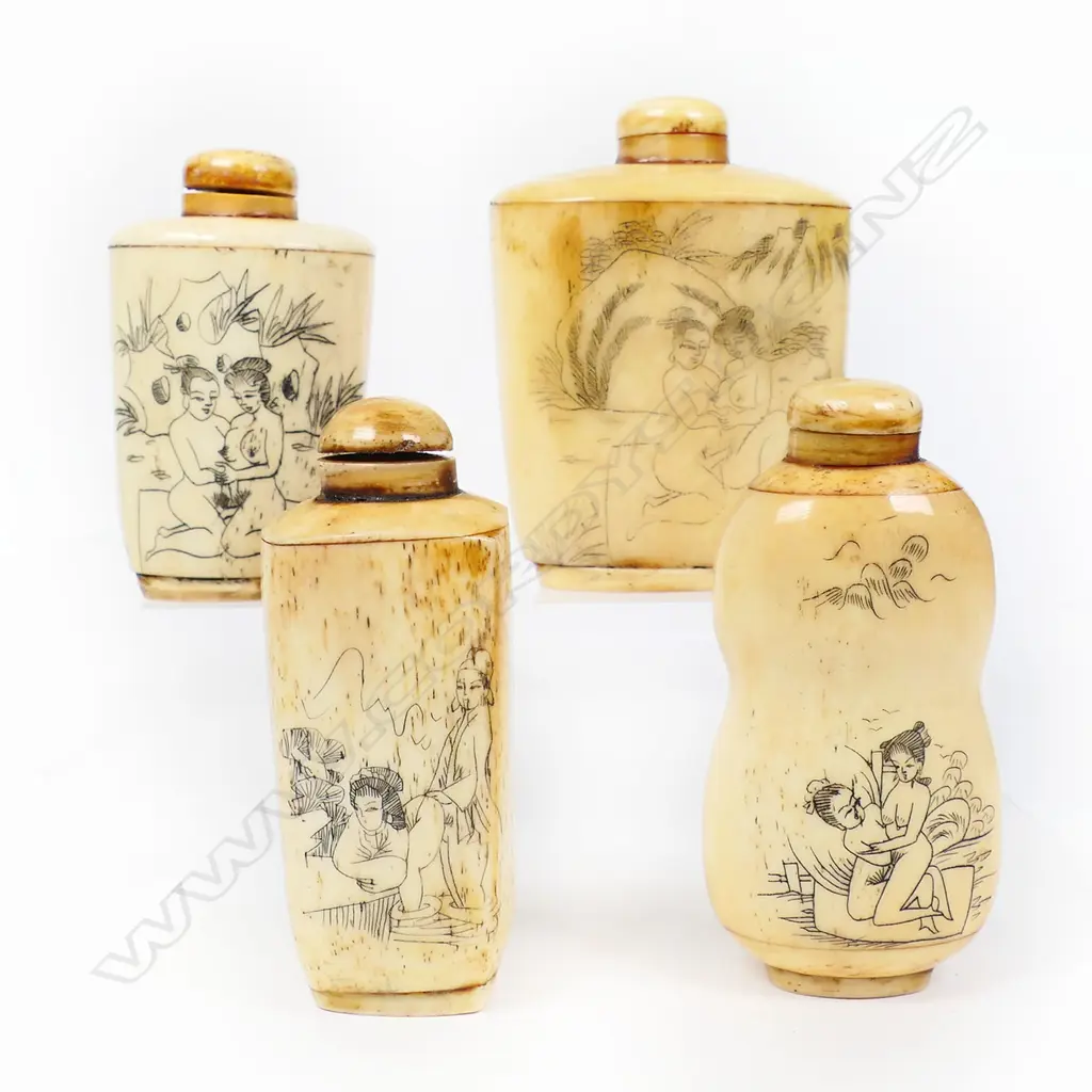 Four Japanese bone snuff bottles of various shapes, engraved with erotica. Tallest H.80mm. Image 1++