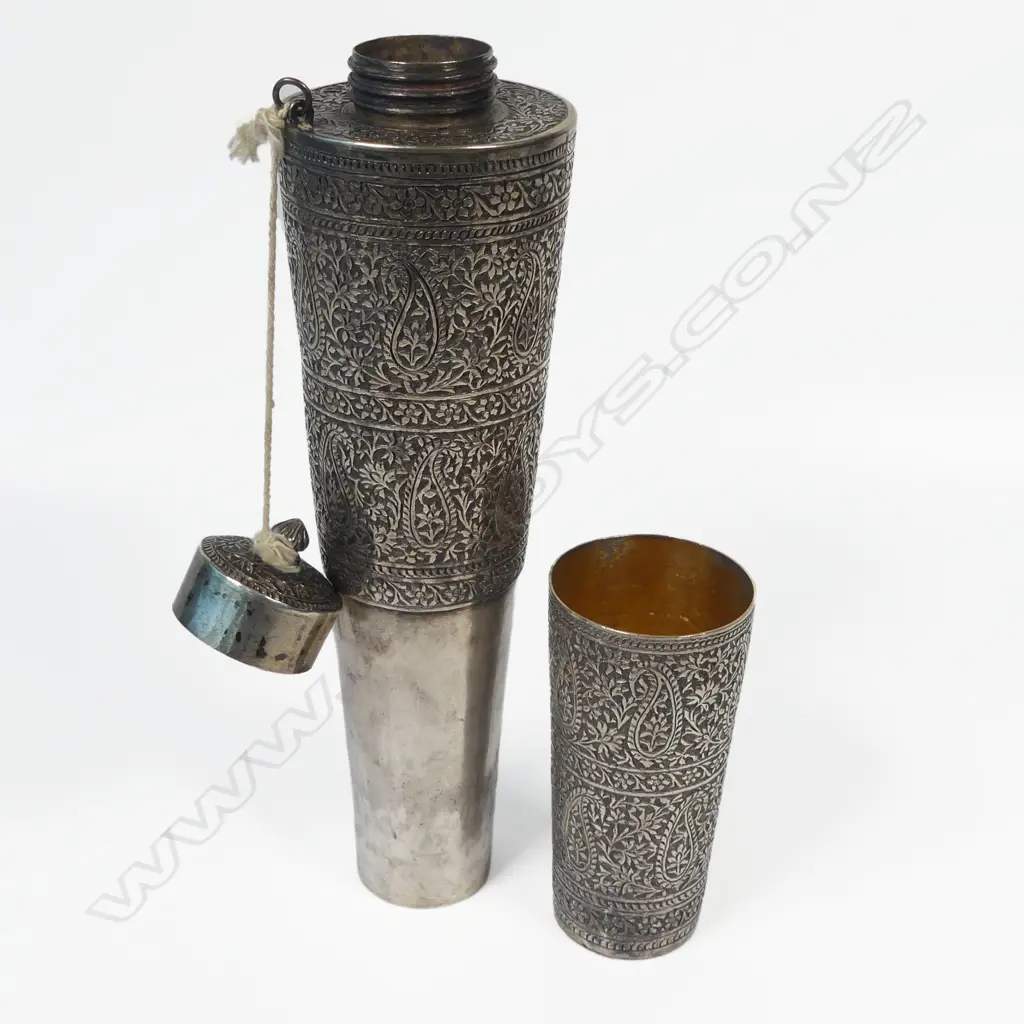 An unmarked, possibly silver, Indian conical flask with fitted beaker, Image 1++