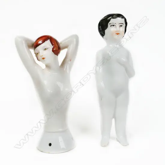 German Art Deco, Goebel porcelain half doll and a 19thC bisque fixed limb small doll.