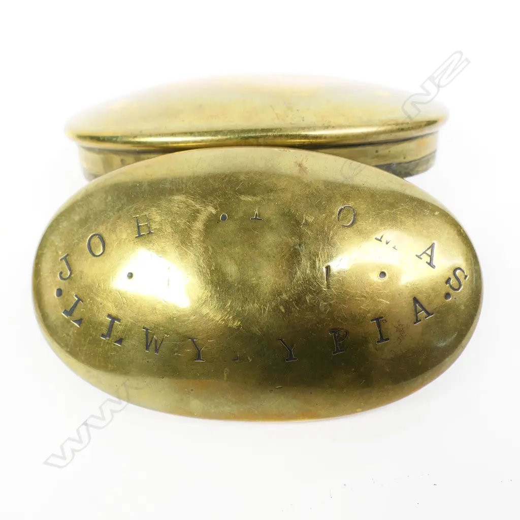 A Welsh coal-miner's brass oval snuff box, another small brass snuff and a bone apple corer, Image 1++