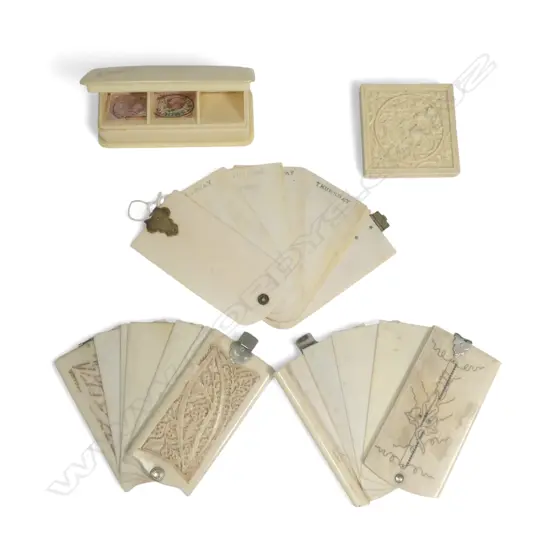 Three ivorine fan notebooks, an ivorine three compartment stamp box, and a square two-layer ivorine puzzle,