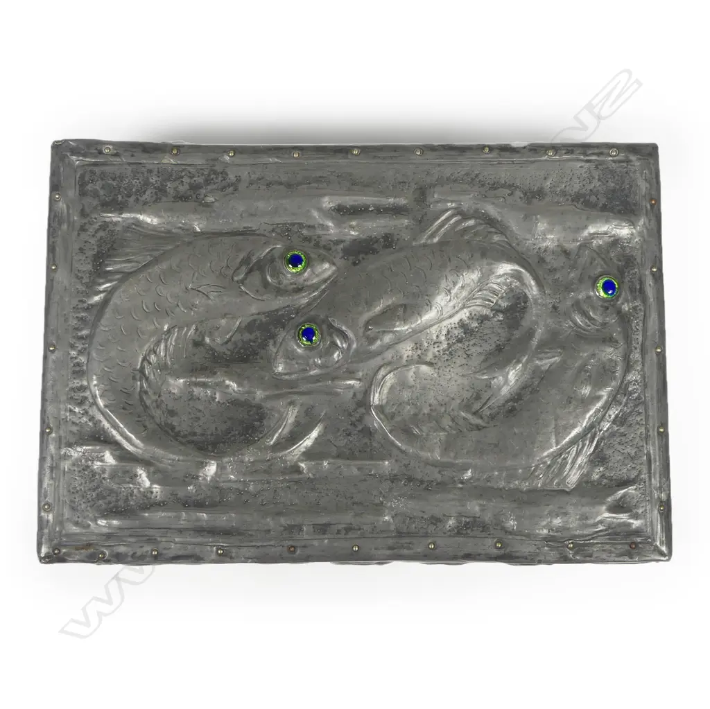 An embossed pewter Arts & Crafts style cigarette box; a microscopically inscribed grain of rice curio; a Japanese Tomi leather penguin and a Grace Seecombe kookaburra salt shaker. Image 1++