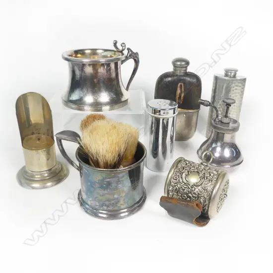A collection of vintage shaving items and two hip flasks.