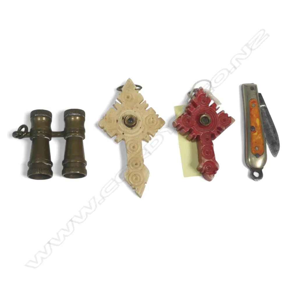 Two Stanhopes set into circle cut cross pendents, along with a pair of miniature brass binoculars and mini clasp knife Image 1++