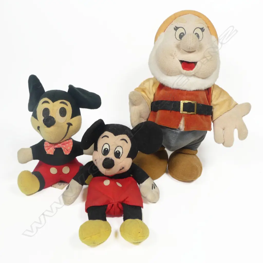 Three vintage Disney soft toys, a 10" felt Snow White dwarf and two plush Mickey Mouse. Image 1++