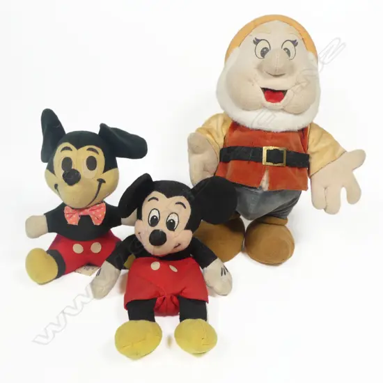 Three vintage Disney soft toys, a 10" felt Snow White dwarf and two plush Mickey Mouse.