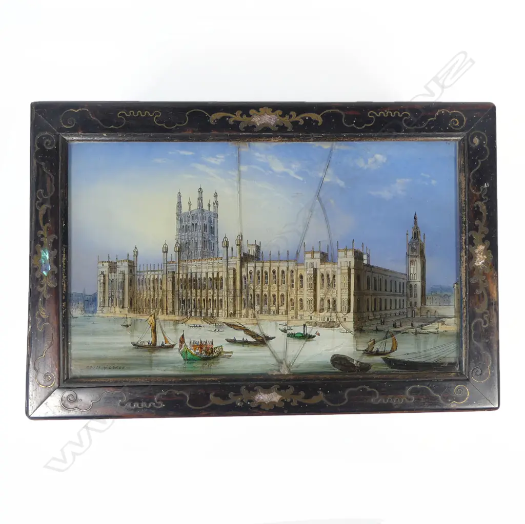 A Victorian ebony grained work box with glass reverse print inset top, (glass faulted), interior fitted with MoP handled implements and with original owner's details. W.305mm Image 1++