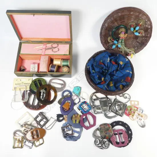 A collection of vintage buckles; a circular cane box adorned with Chinese coins; and a small sewing box with decoupage top.