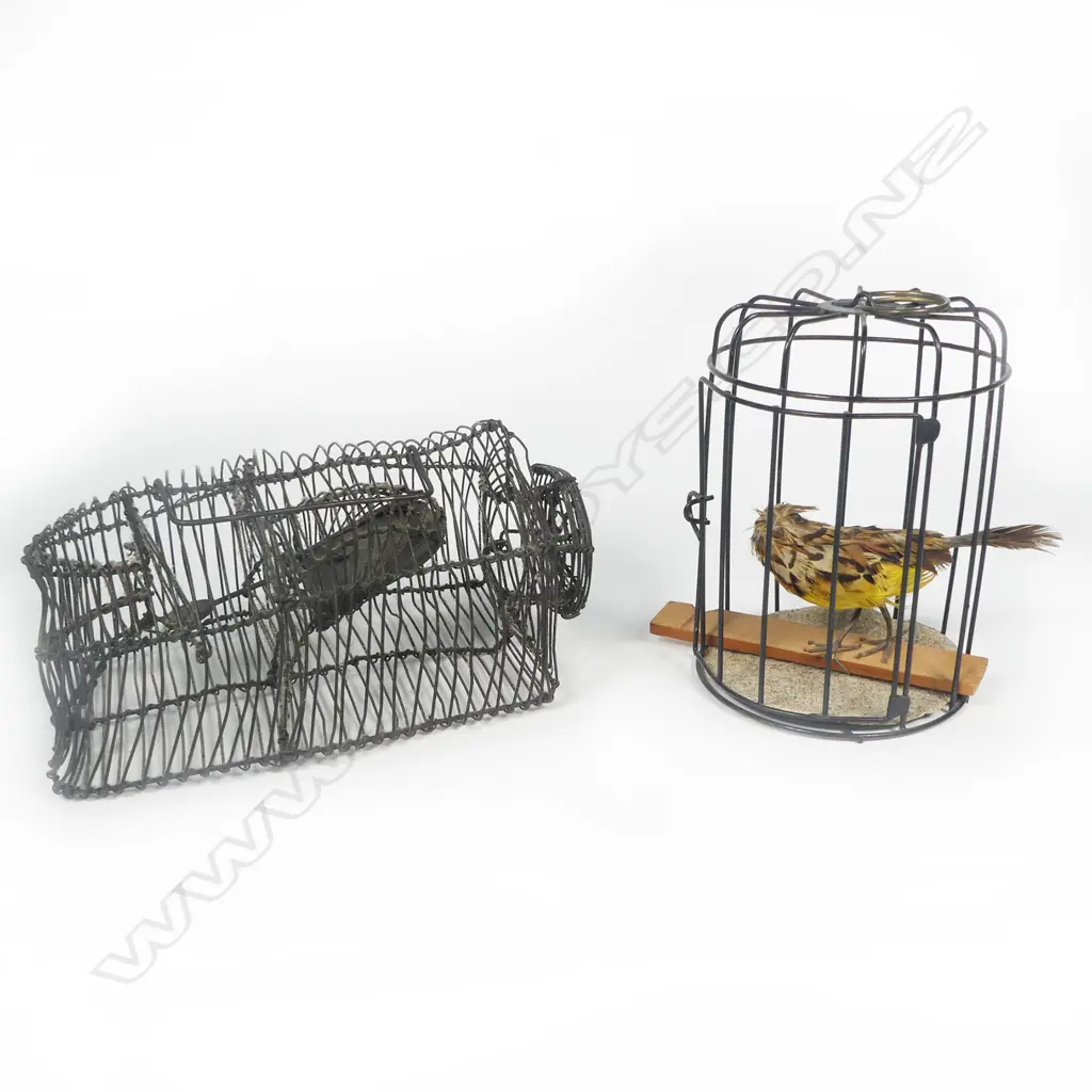 A wire live mouse basket trap, L.190mm and a decorative bird in wire cage. H.140mm Image 1++