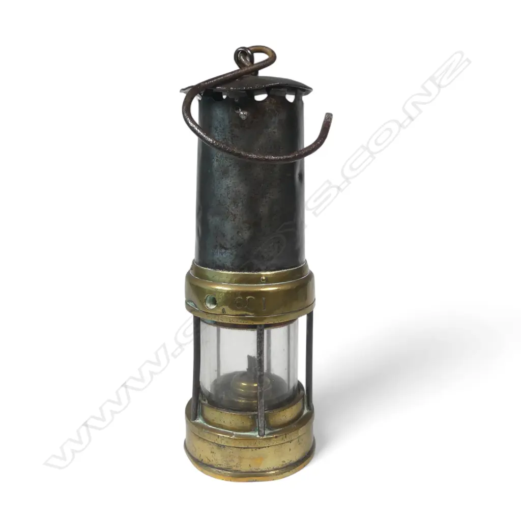 A 19thC Welsh miner's safety lamp, stamped with Prince of Wales feathers crest to steel chimney, Image 1++