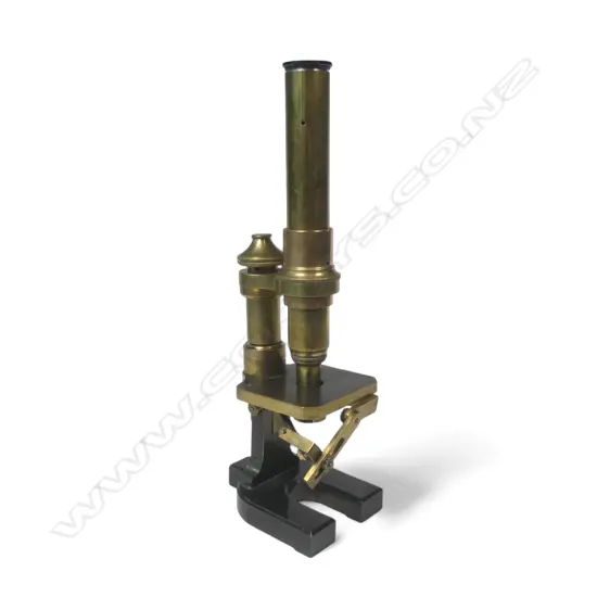 19thC brass monocular compound microscope, the tube marked England 3745, fixed table with adjustable mirror, on lacquered spur shaped foot.