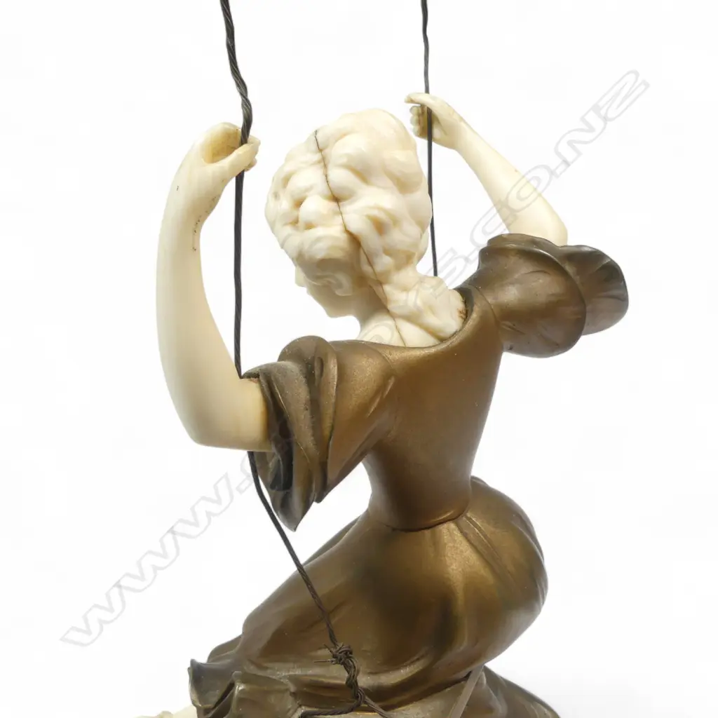 Art Nouveau sculpture by Gotthilf Jaeger (German 1871-1933) Young woman on a swing, ivory and bronze, Image 1++