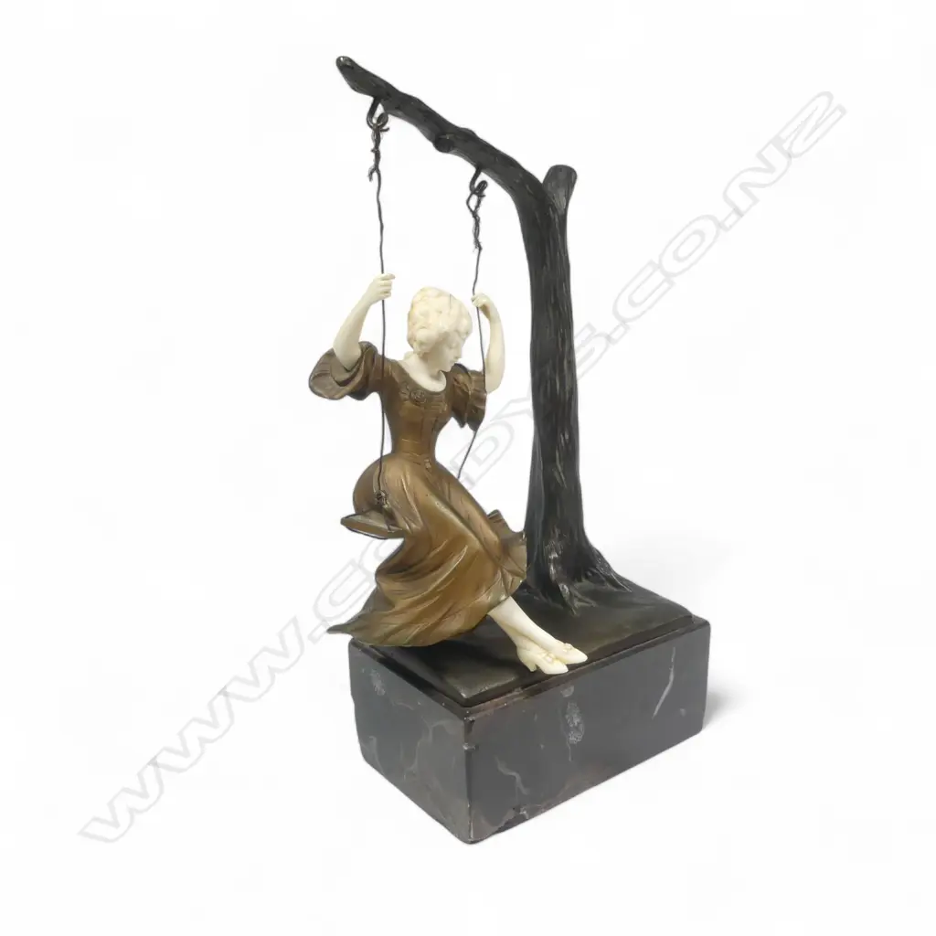 Art Nouveau sculpture by Gotthilf Jaeger (German 1871-1933) Young woman on a swing, ivory and bronze, Image 1++