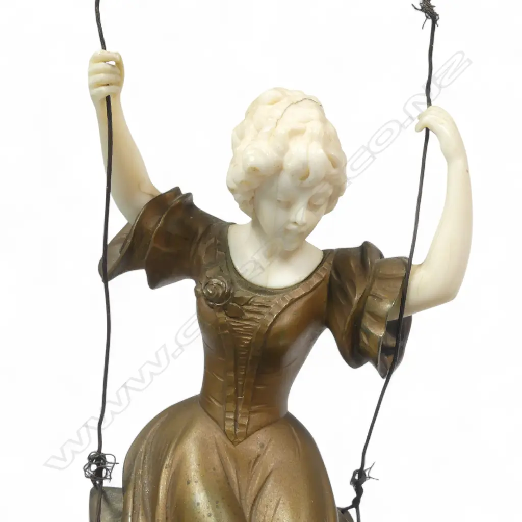 Art Nouveau sculpture by Gotthilf Jaeger (German 1871-1933) Young woman on a swing, ivory and bronze, Image 1++