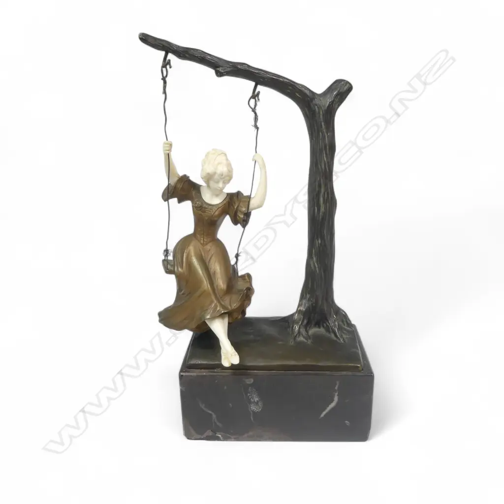 Art Nouveau sculpture by Gotthilf Jaeger (German 1871-1933) Young woman on a swing, ivory and bronze, Image 1++