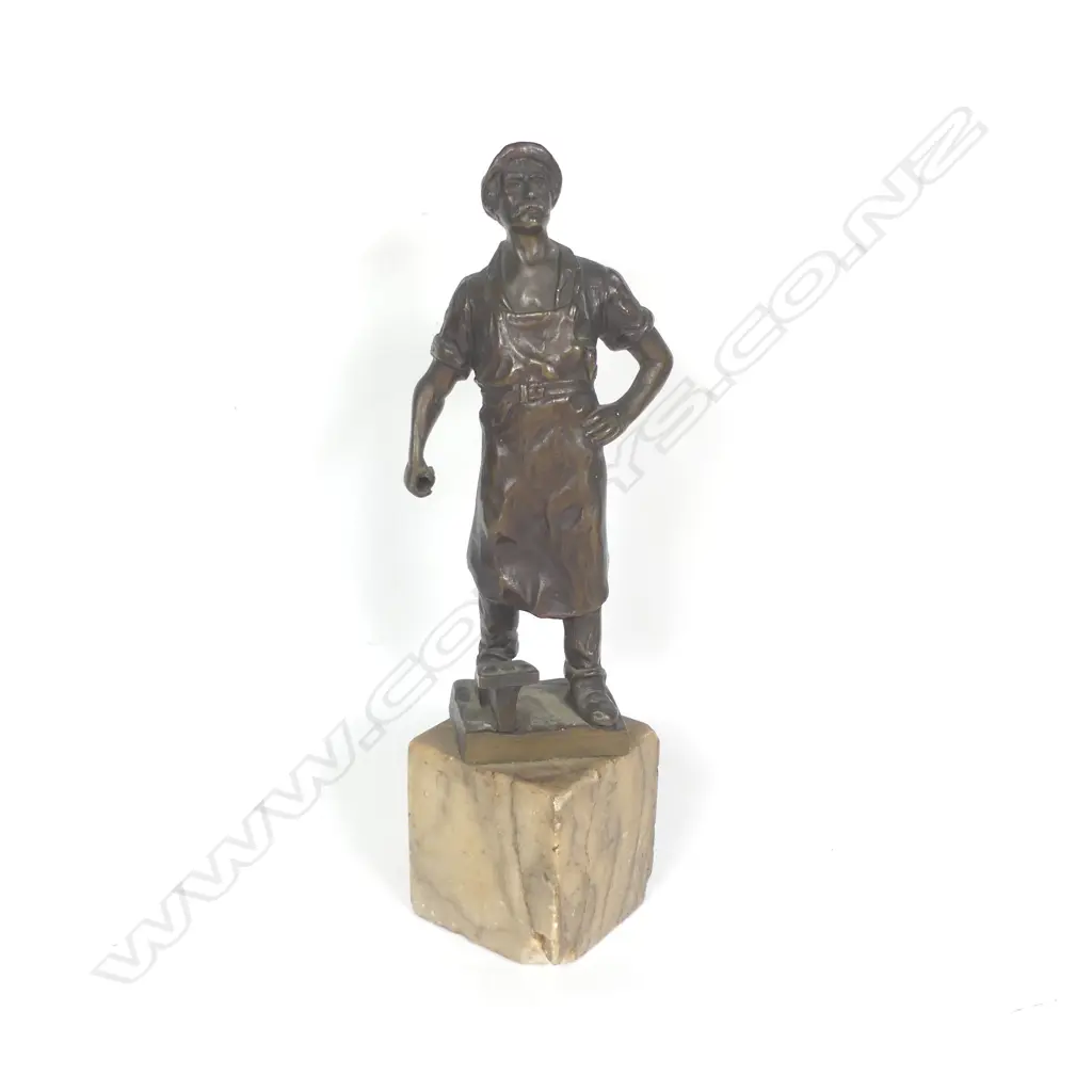 A small bronze sculpture by Ludwig Gräfner (German 1861-1939), Blacksmith and anvil (hammer absent), signed, on alabaster plinth H.210mm Image 1++