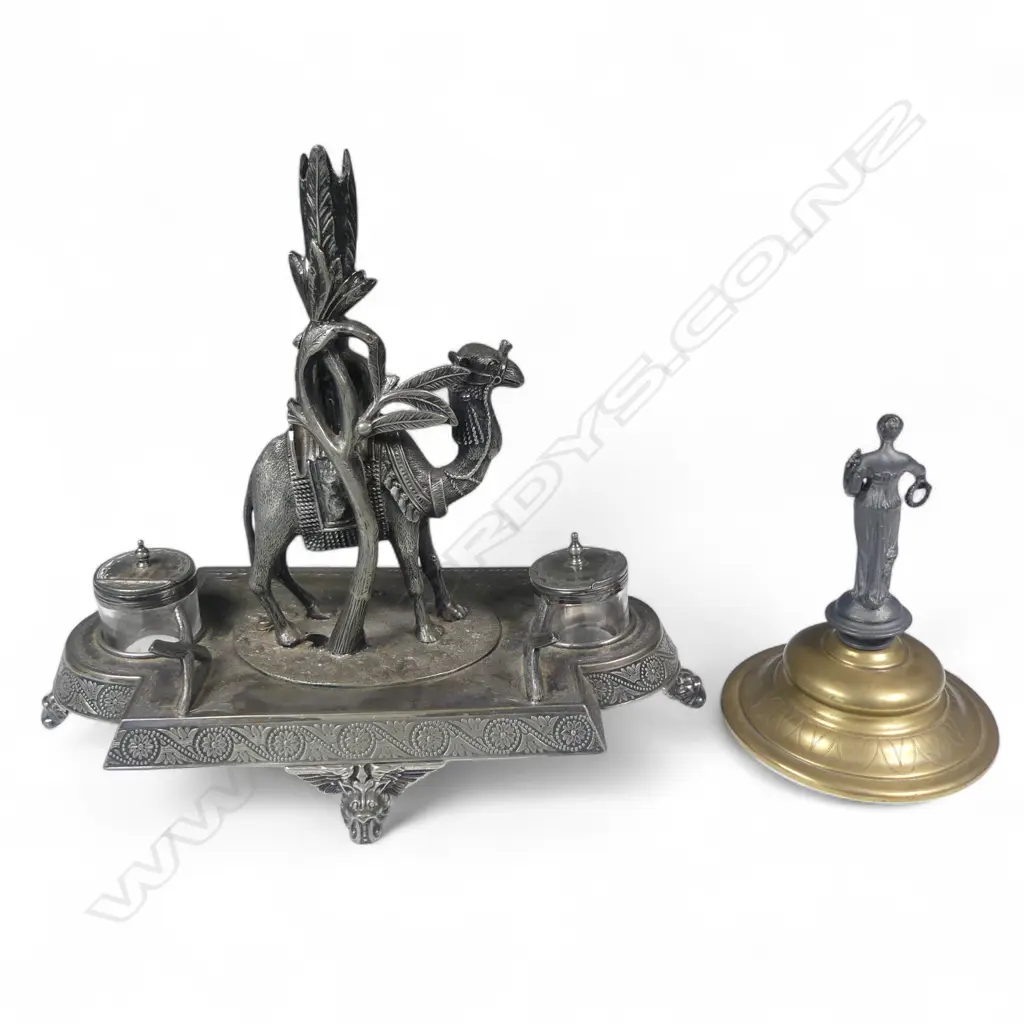 A James Deakin & Sons silver-plated desk top inkstand, surmounted by a camel and cameleer, Image 1++