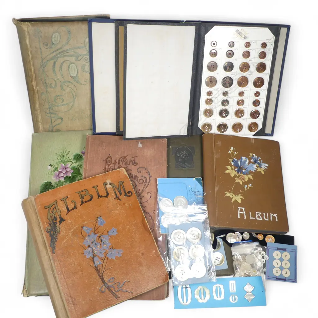 Six postcard album, mostly empty, a commercial sample album of button samples and a box of mother of pearl buttons and buckles. Image 1++