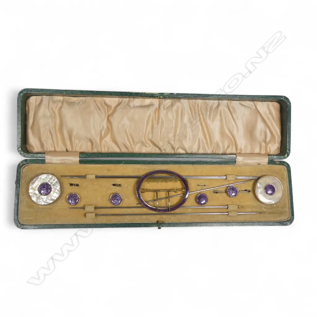 A cased set of lavender enamel and mother-of-pearl dressing accoutrements: hat pins with removable pins of various lengths, a belt buckle, buttons and pin brooch. Image 1++