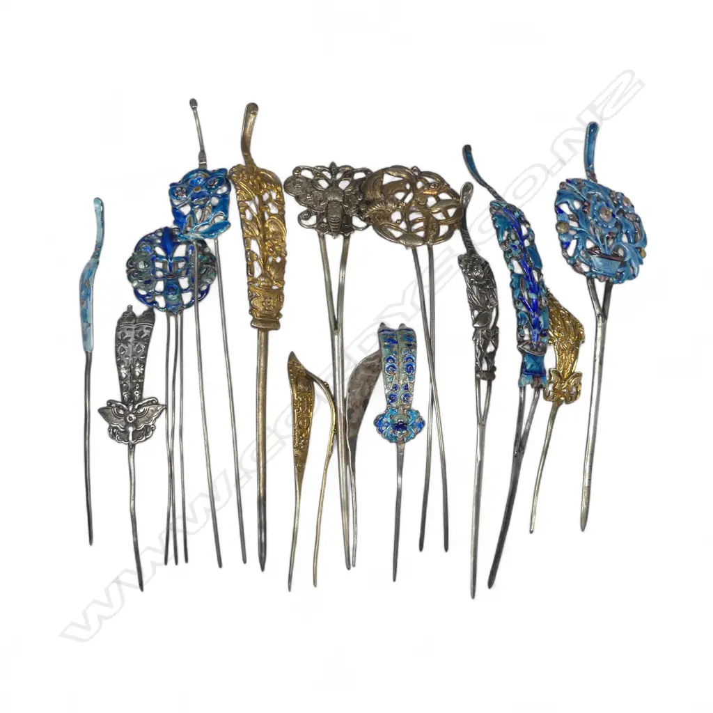 Fifteen Chinese Republic period silver gilt, silver and enamel hairpins, five with kingfisher feather colour enamels, Image 1++