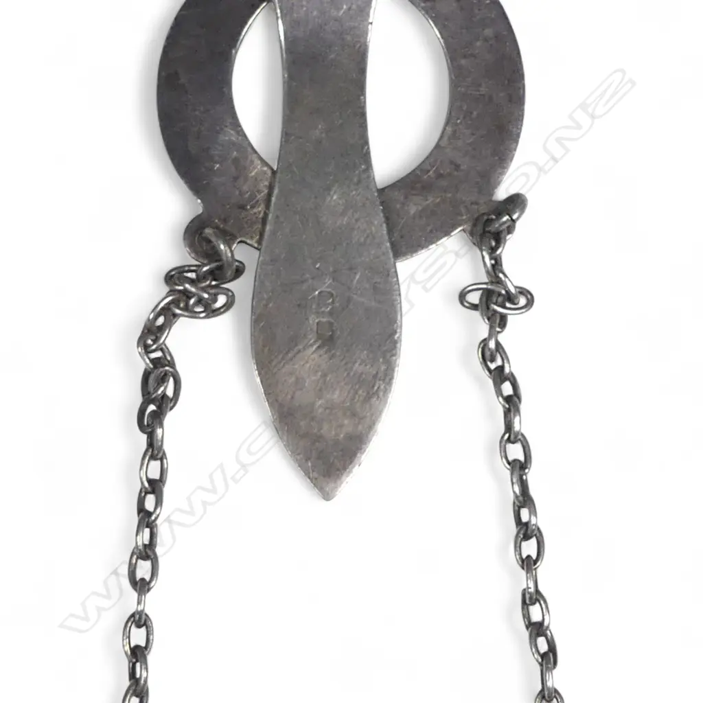 Two spectacle chatelaines, one sliver plate with sterling silver hanger, the other black leather with plated hanger Image 1++