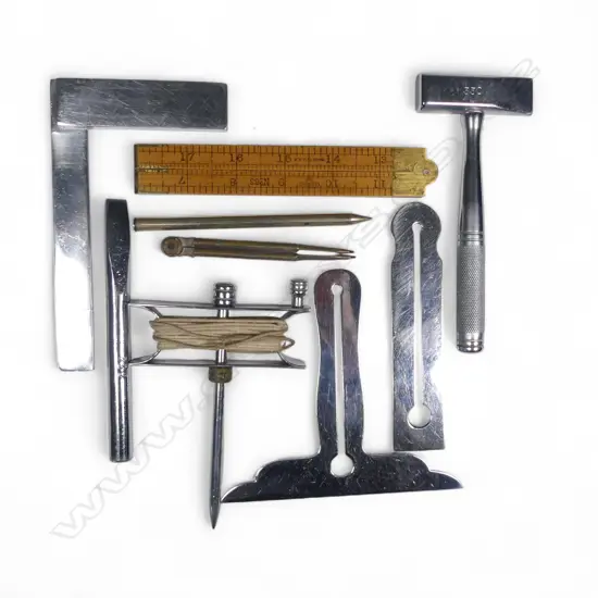 A collection of Masonic Lodge chromed and other tools, representative symbols for three degrees of Masonry