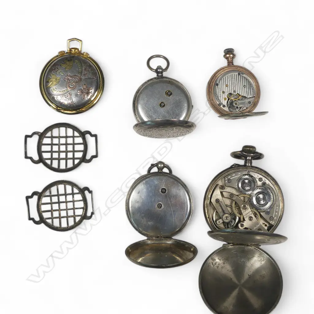 Five silver, silver plate and gold plated pocket watches, some needing attention, and two wristwatch protector grilles. Image 1++