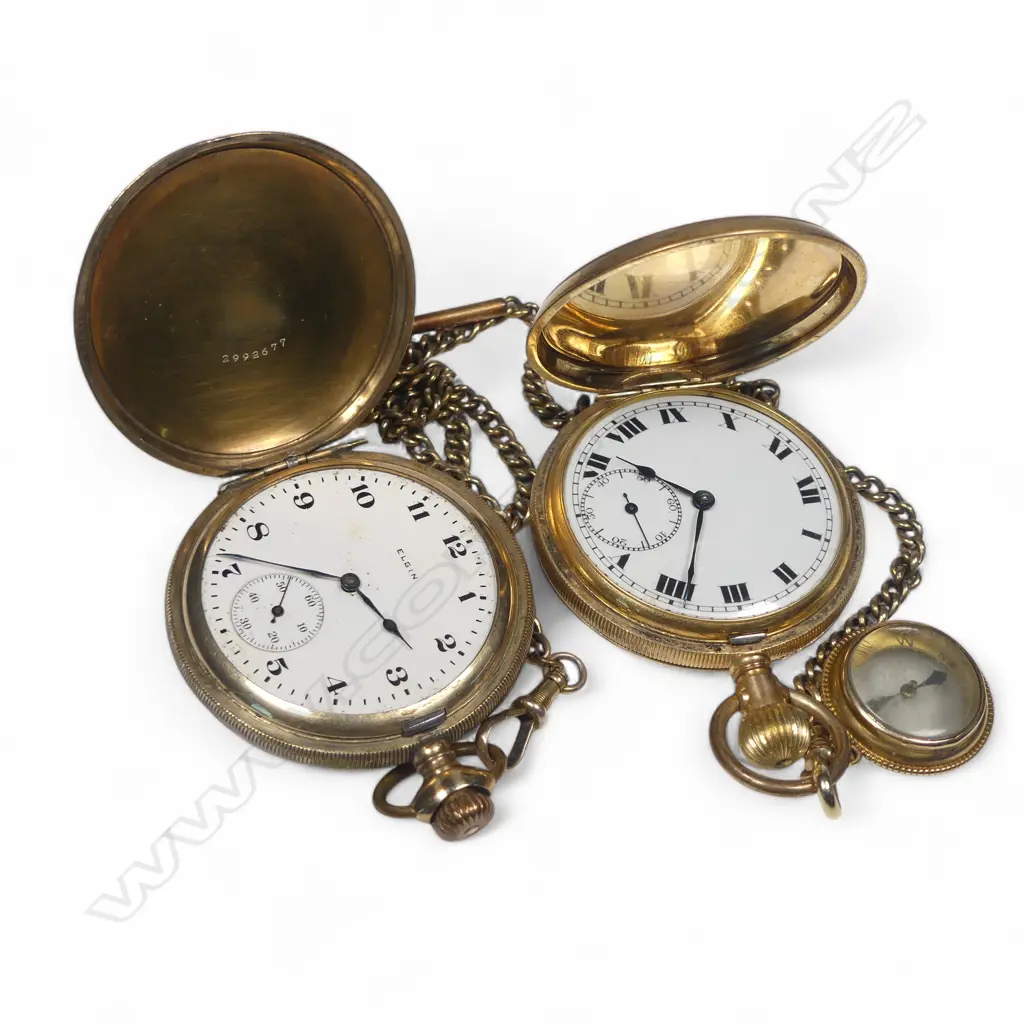 Two gold plated hunter pocket watches, on plated chain (one dog clip possibly 14K gold) and with a small compass fob (unmarked, possibly gold) Image 1++