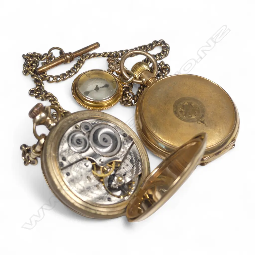 Two gold plated hunter pocket watches, on plated chain (one dog clip possibly 14K gold) and with a small compass fob (unmarked, possibly gold) Image 1++