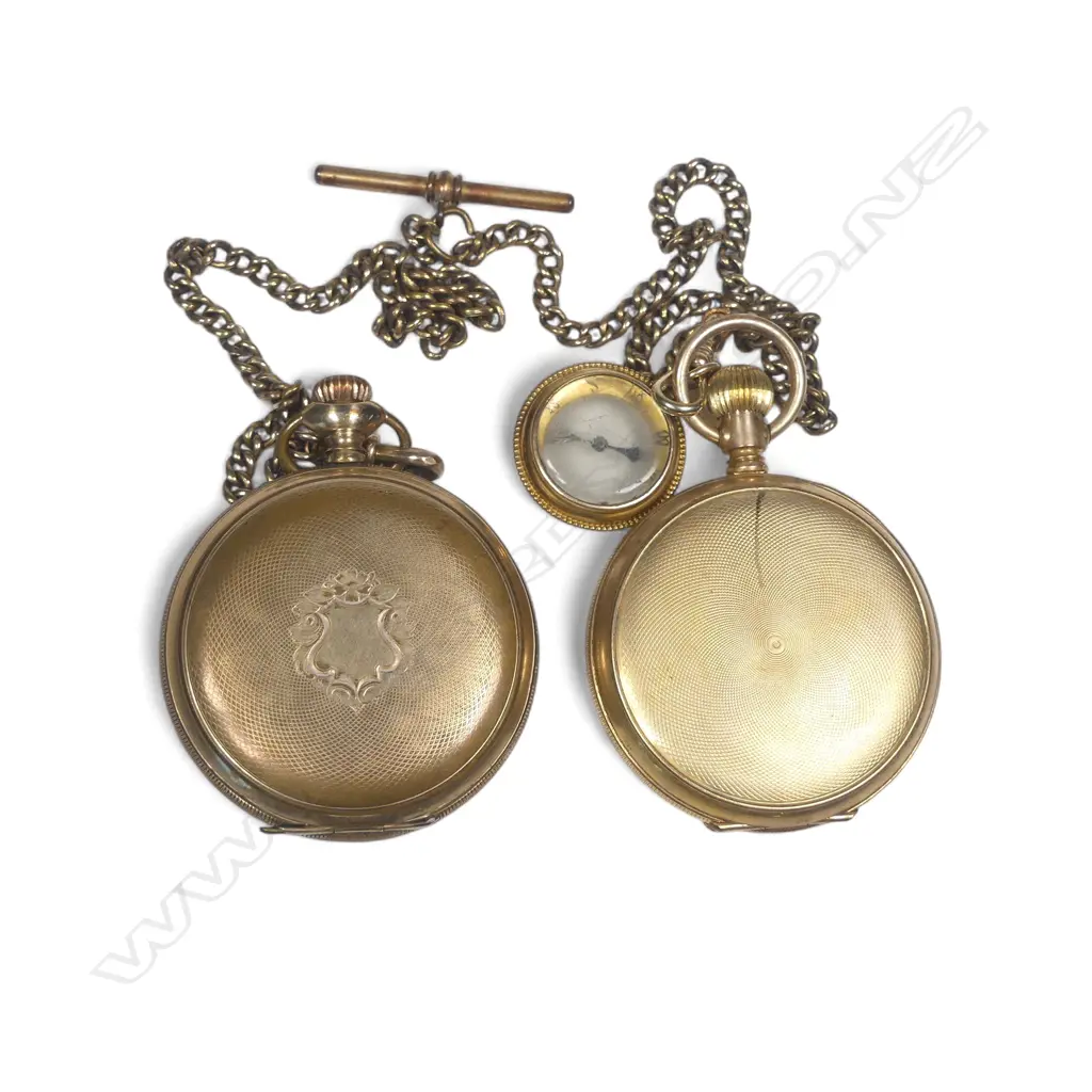 Two gold plated hunter pocket watches, on plated chain (one dog clip possibly 14K gold) and with a small compass fob (unmarked, possibly gold) Image 1++