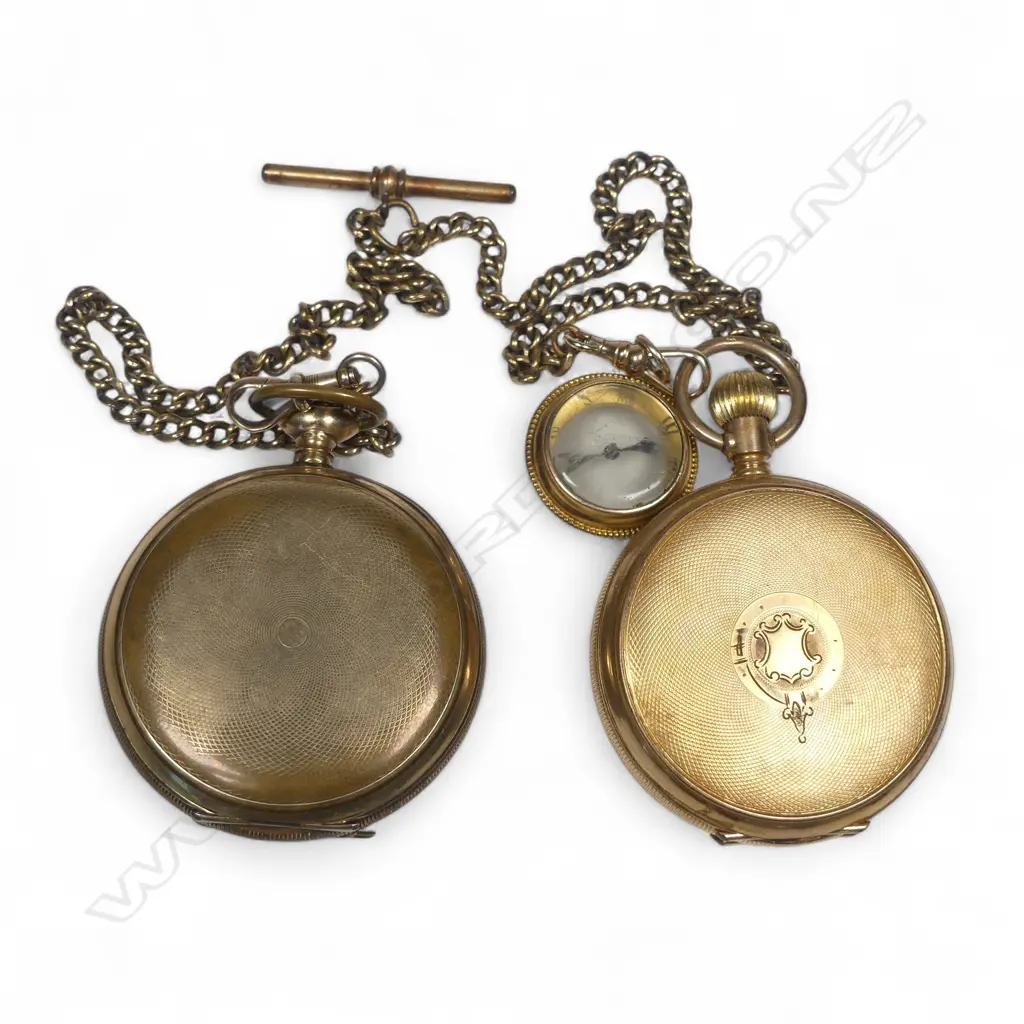 Two gold plated hunter pocket watches, on plated chain (one dog clip possibly 14K gold) and with a small compass fob (unmarked, possibly gold) Image 1++