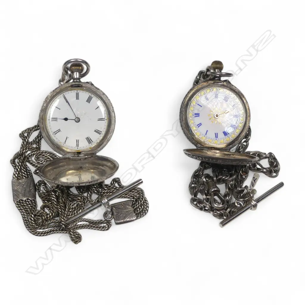 Two lady's European .925 silver hunter pocket watches, one on a silver multi-link fancy chain,  the other on a silver plate multi chain albertina. Image 1++
