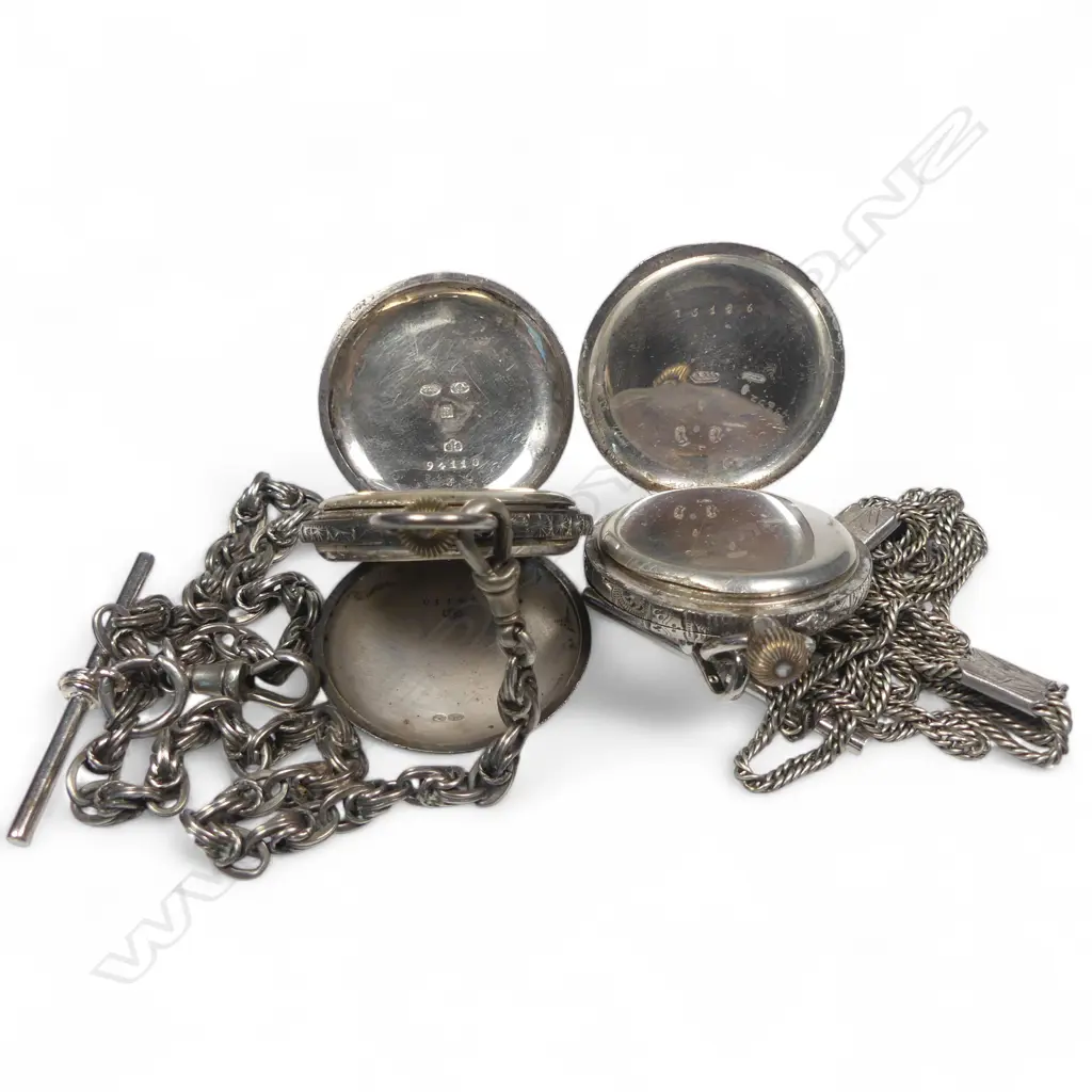 Two lady's European .925 silver hunter pocket watches, one on a silver multi-link fancy chain,  the other on a silver plate multi chain albertina. Image 1++