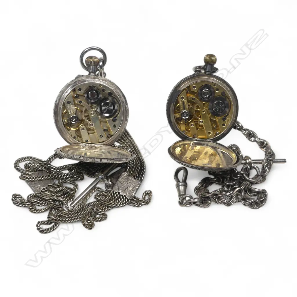 Two lady's European .925 silver hunter pocket watches, one on a silver multi-link fancy chain,  the other on a silver plate multi chain albertina. Image 1++