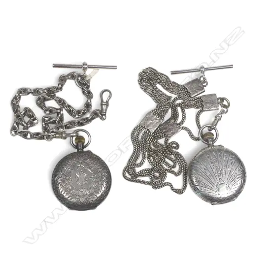 Two lady's European .925 silver hunter pocket watches, one on a silver multi-link fancy chain,  the other on a silver plate multi chain Albertina. Hand absent on on.
