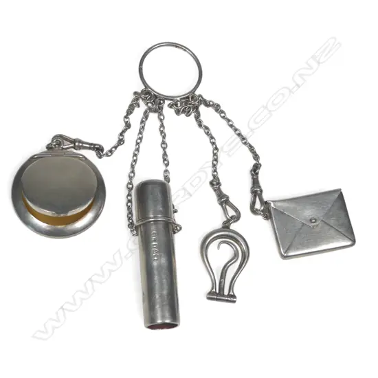 A sterling silver finger chatelaine, all four pieces by Adie & Lovekin Ltd, but of various assay offices and dates 1895-1909,