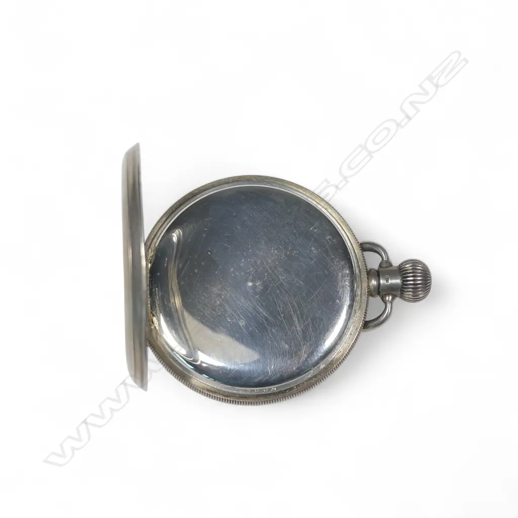 A sterling silver hunter cased pocket watch, Birmingham 1929, stem wind Swiss movement, white enamel Roman dial, rail track minutes, sunken subs seconds at VI, Image 1++