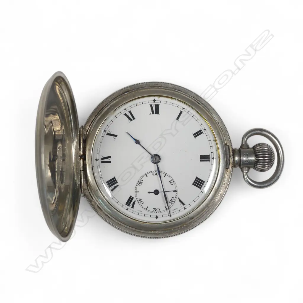 A sterling silver hunter cased pocket watch, Birmingham 1929, stem wind Swiss movement, white enamel Roman dial, rail track minutes, sunken subs seconds at VI, Image 1++