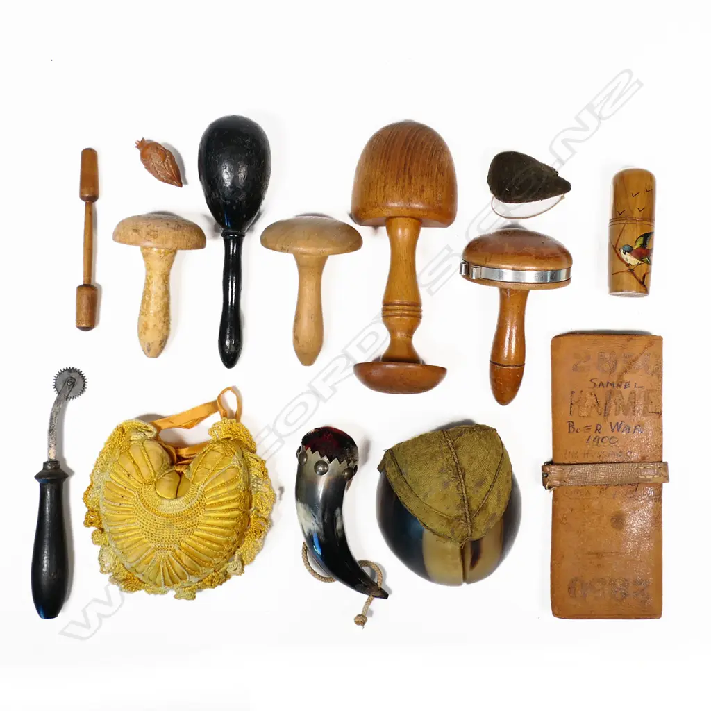 Box of miscellaneous pincushions, including a horse hoof example Image 1++