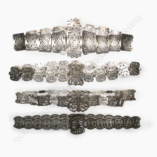 Four Edwardian silver plated sectional belts