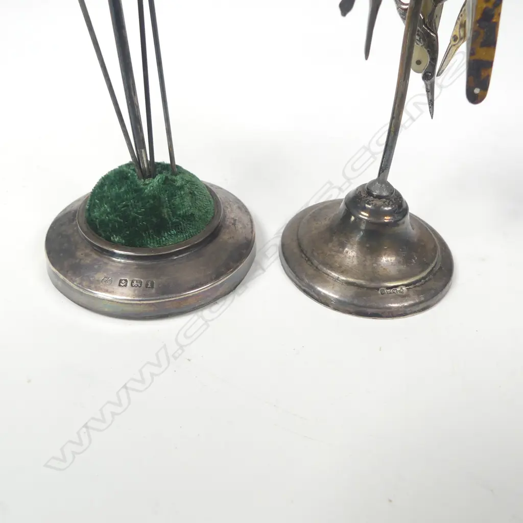 1908 silver hat pin stand, three silver hat pins (kiwi, swaztika and rooster), silver plated stand with mini thimbles and scissors fobs Image 1++