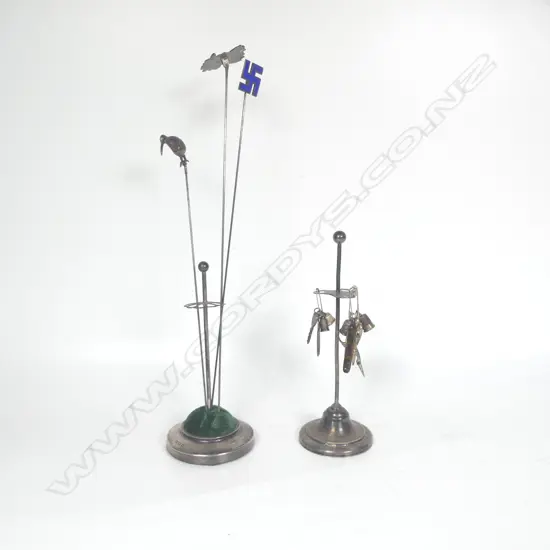 1908 silver hat pin stand, three silver hat pins (kiwi, swaztika and rooster), silver plated stand with mini thimbles and scissors fobs