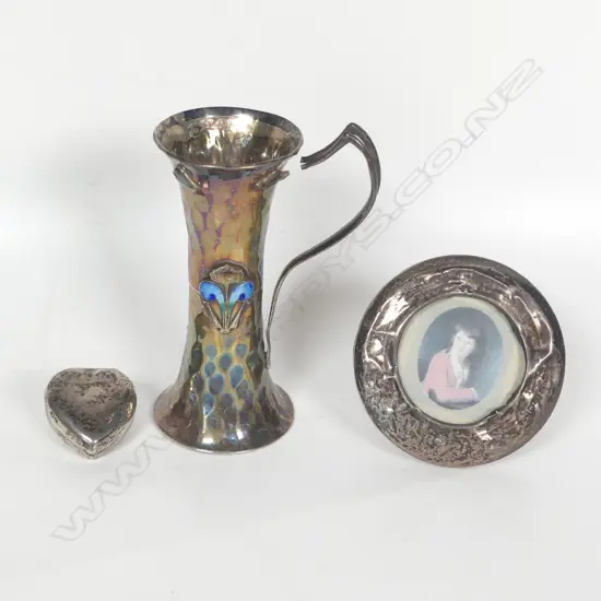 Small Nouveau sterling silver vase Birmingham 1905 (AF); small silver circular frame 1923 (dented) and a heart shape pill box 1911.