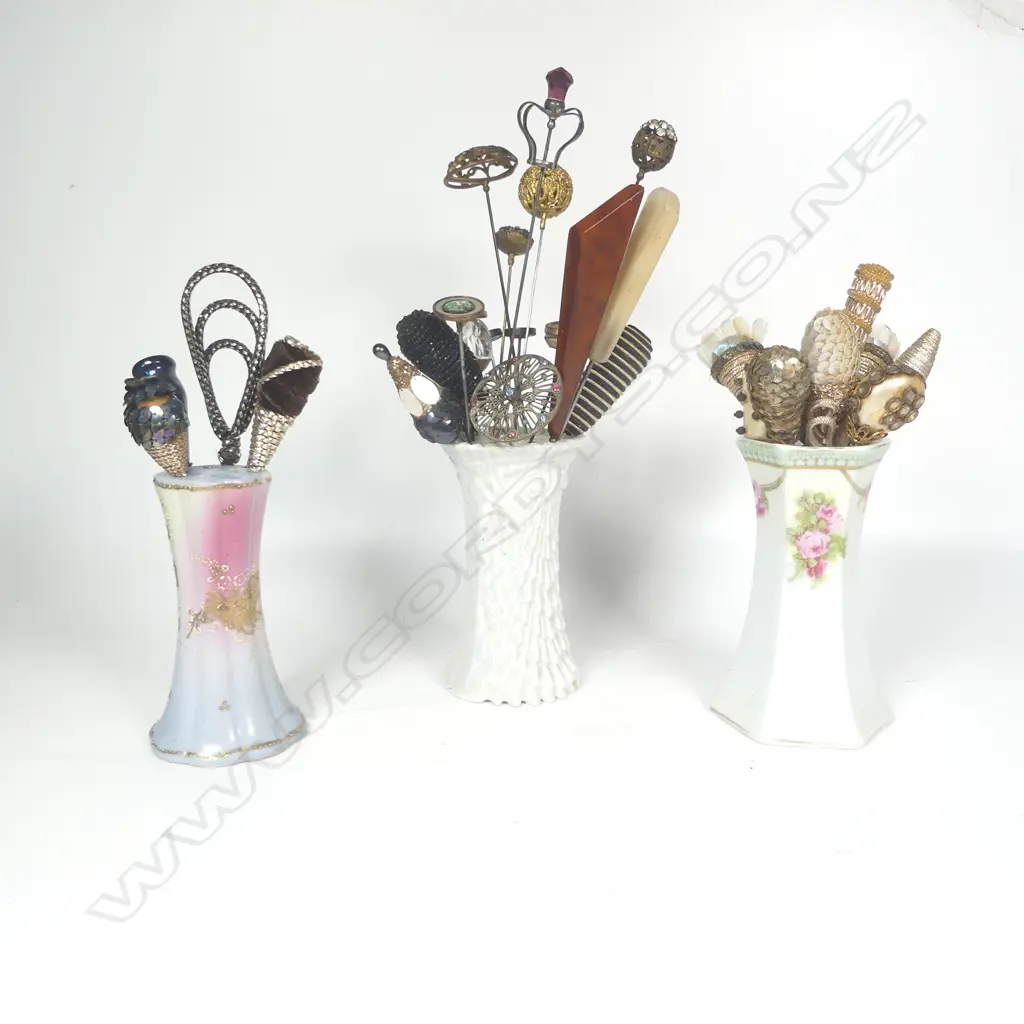 Three porcelain hat pin stands and collection of hat pins Image 1++