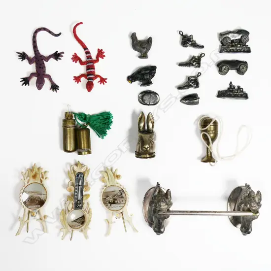 11 lead monopoly game markers; a cup and acorn catch game; horse head knife rest and miscellaneous souvenir pieces, etc.