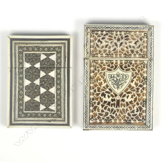 Two Anglo-Indian mid-19thC visiting card cases, one Vizagapatam, the other sadeli micro-mosaic,