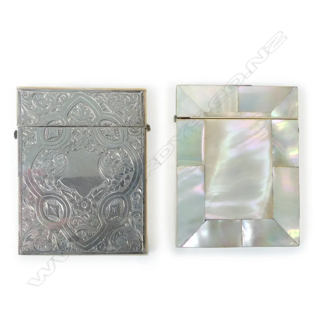Two 19thC cartes de visite cases, one silver plate and mother of pearl, the other all M.o.P, Image 1++