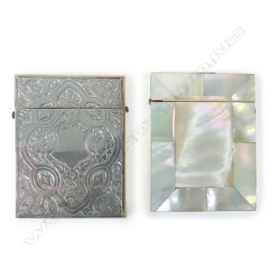 Two 19thC cartes de visite cases, one silver plate and mother of pearl, the other all Mother of pearl,