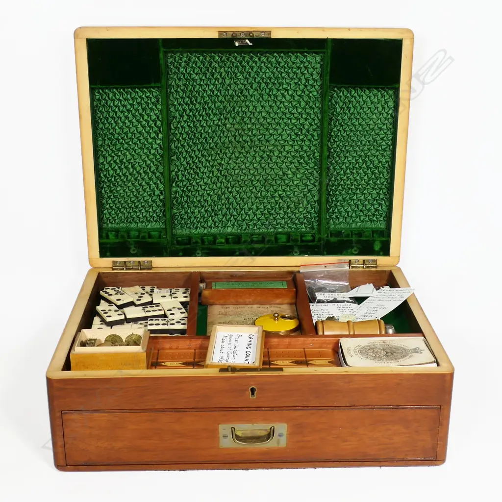 A games box, containing chess and draughtsmen, dominoes, cribbage board, game counters and marker, dice, cards, table skittles and Spellicans game, Image 1++